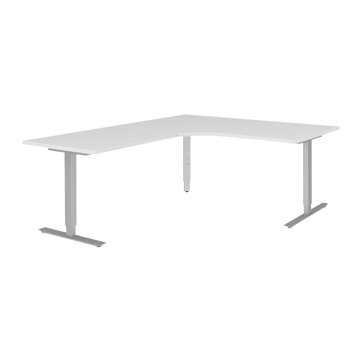 Escritorio en L BARI 90°, pata en T, Mesa de forma libre, ángulo a la izquierda, An 1800 x P 1000/800 x Al 680-820 mm, blanco/aluminio