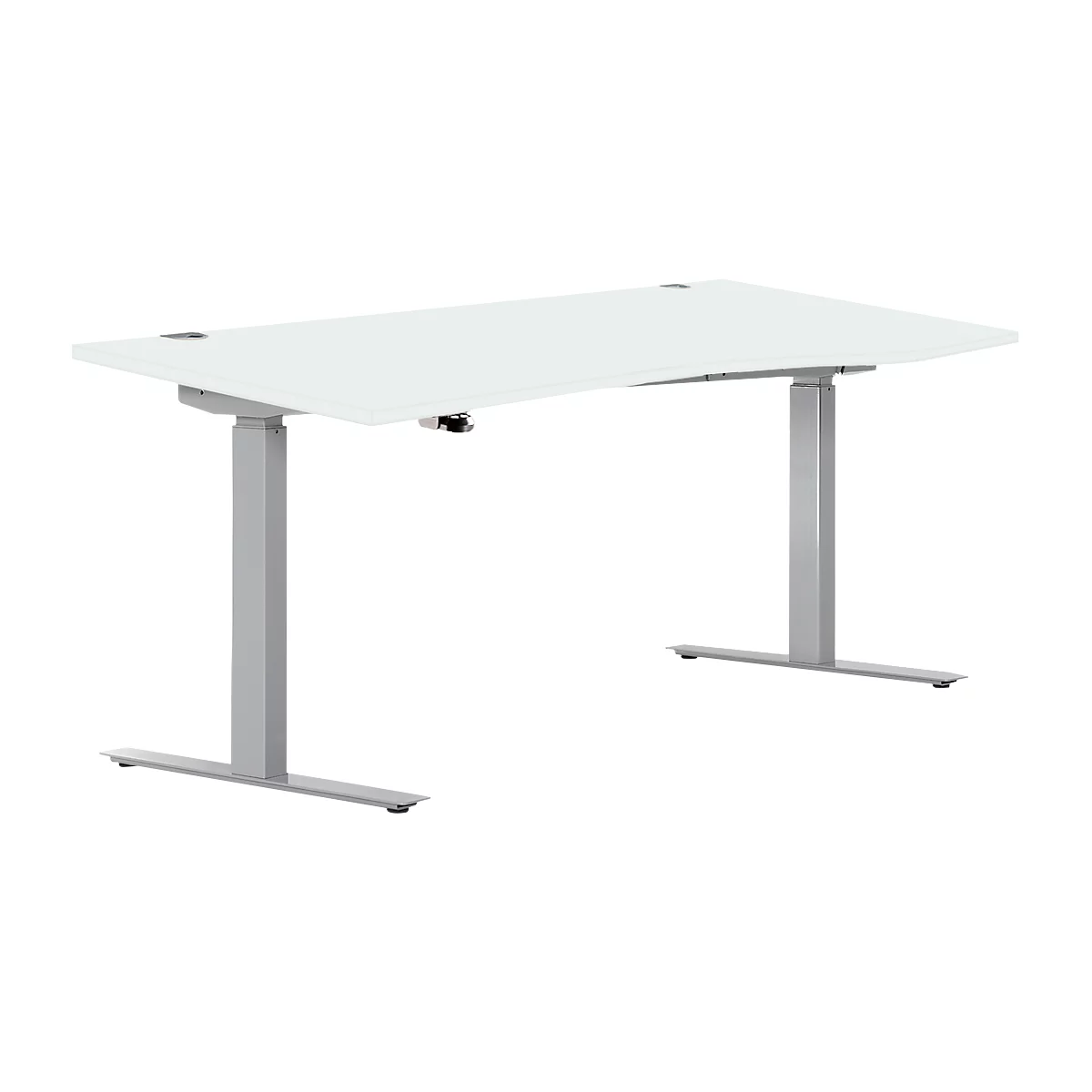 Escritorio ERGO DRIVE ED 470, regulable en altura eléctricamente, forma libre, fijación a la derecha, pie en T, ancho 1800 x fondo 1000 x alto 692-1147 mm, aluminio gris claro/blanco