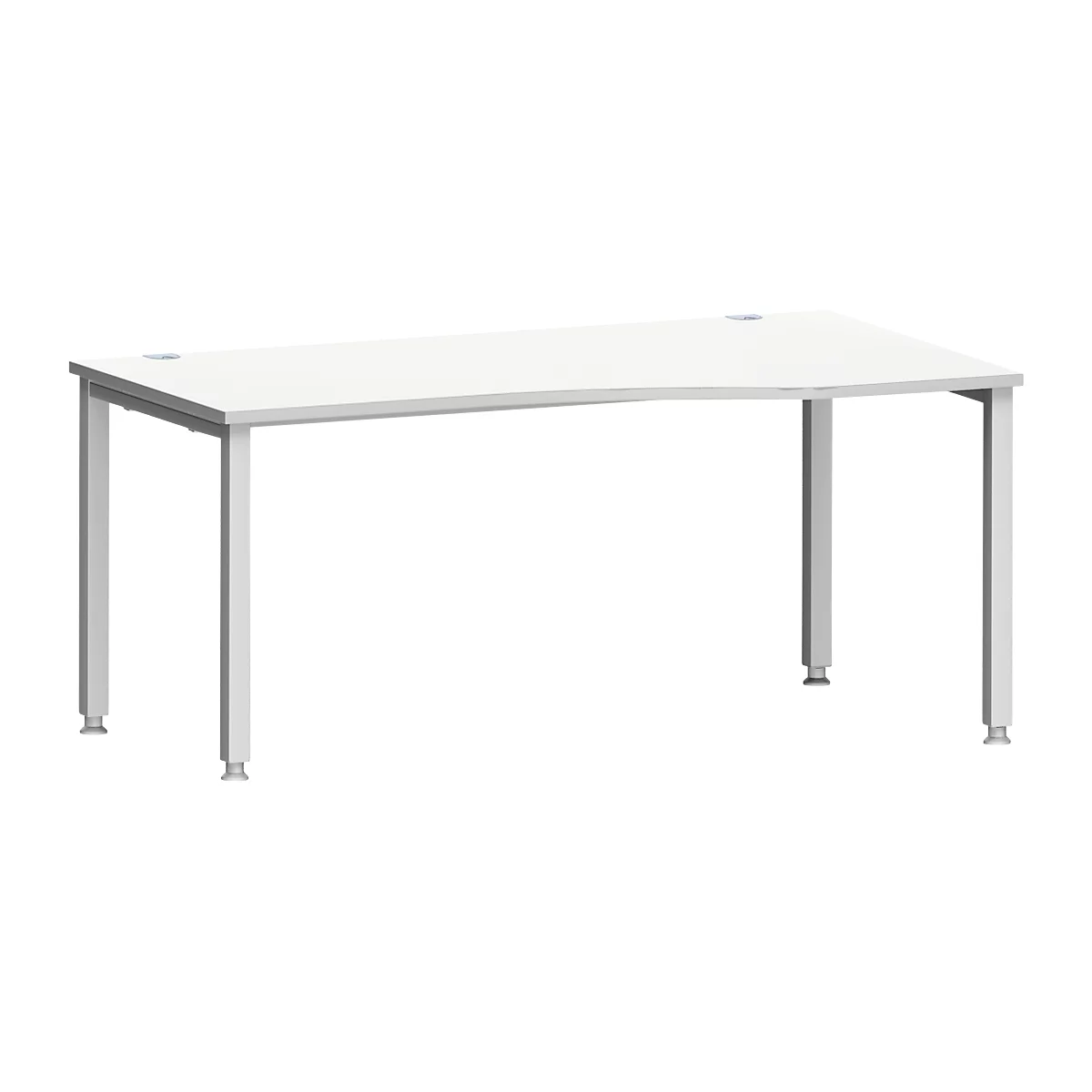 Escritorio MODENA FLEX, forma libre, fijación a la derecha, tubo cuadrado de 4 patas, ancho 1800 x fondo 1000/800 x alto 720-820 mm, aluminio gris claro/blanco