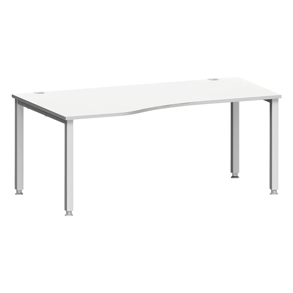 Escritorio MODENA FLEX, forma libre, fijación a la izquierda, tubo cuadrado de 4 patas, An 1800 x P 1000/800 x Al 720-820 mm, aluminio gris claro/blanco