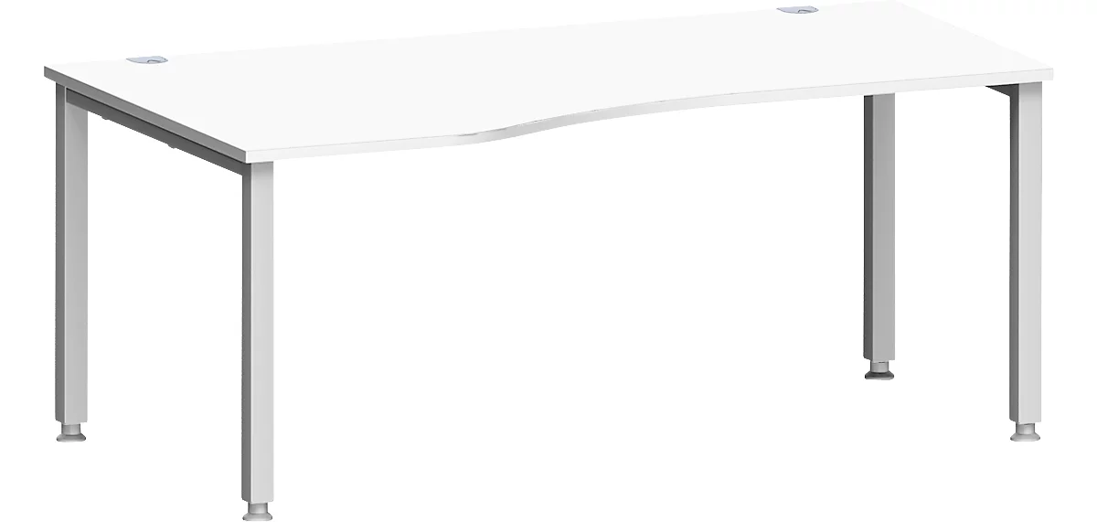Escritorio MODENA FLEX, forma libre, fijación a la izquierda, tubo cuadrado de 4 patas, ancho 1800 x fondo 1000/800 x alto 720-820 mm, aluminio blanco/blanco