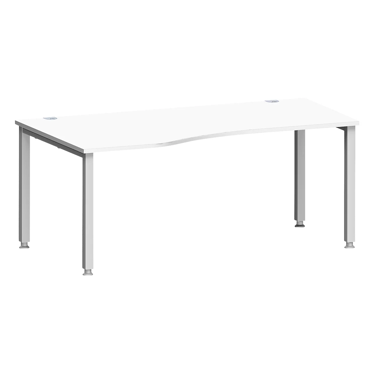 Escritorio MODENA FLEX, forma libre, fijación a la izquierda, tubo cuadrado de 4 patas, ancho 1800 x fondo 1000/800 x alto 720-820 mm, aluminio blanco/blanco