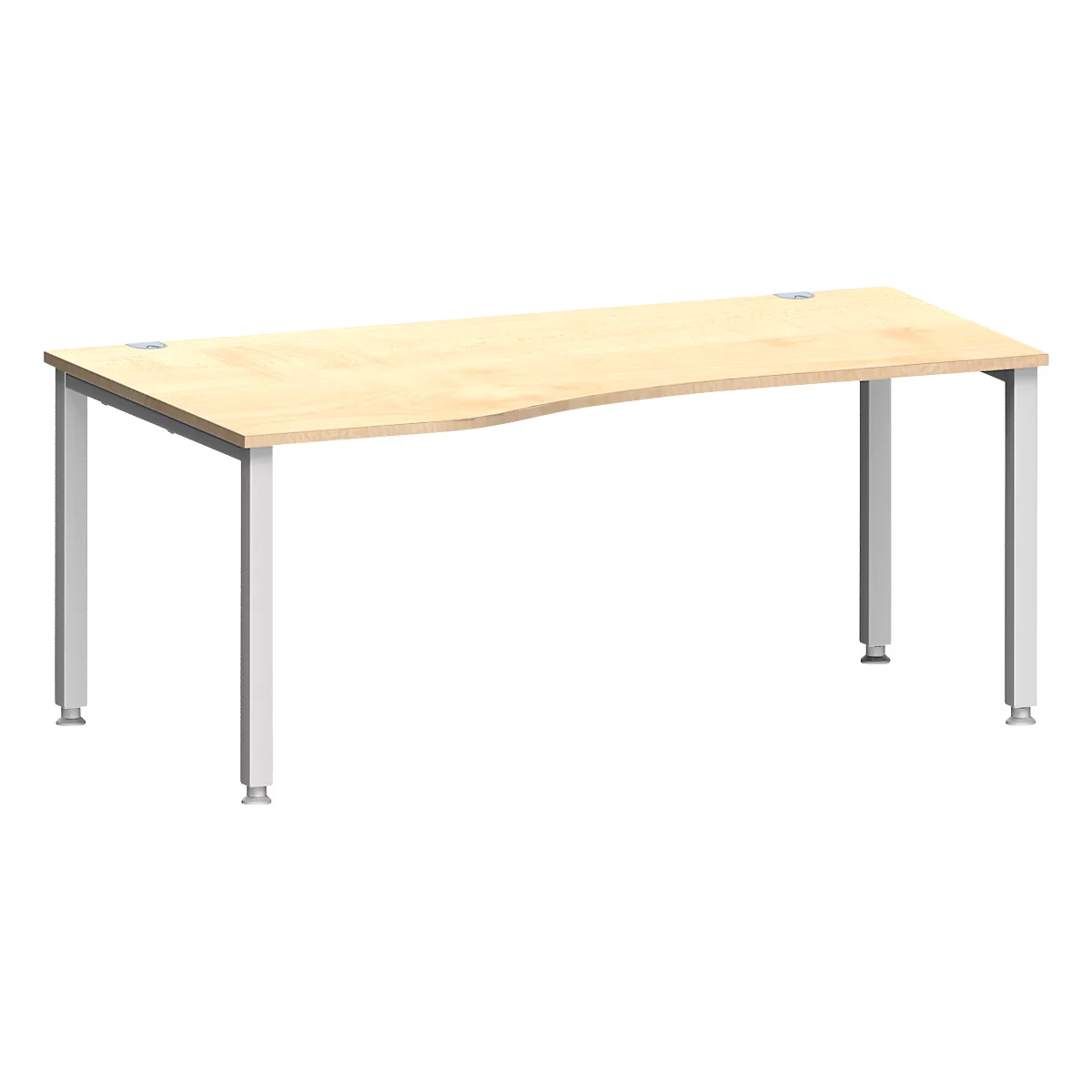 Escritorio MODENA FLEX, forma libre, fijación a la izquierda, tubo cuadrado de 4 patas, ancho 1800 x fondo 1000/800 x alto 720-820 mm, arce/aluminio blanco