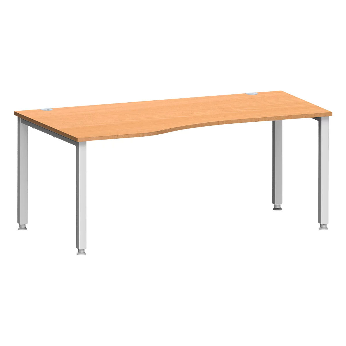 Escritorio MODENA FLEX, forma libre, fijación a la izquierda, tubo cuadrado de 4 patas, ancho 1800 x fondo 1000/800 x alto 720-820 mm, haya/aluminio blanco