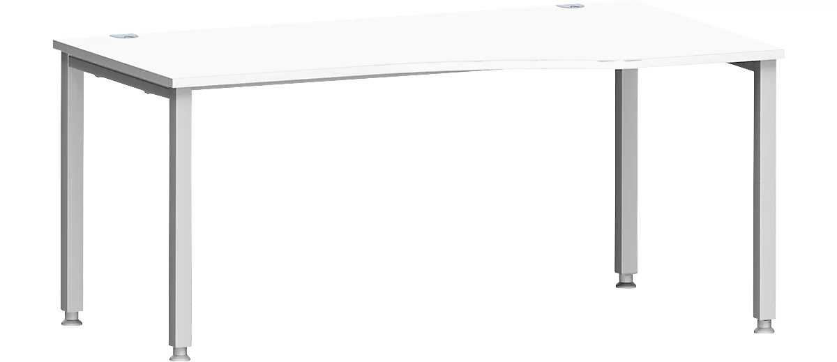 Escritorio MODENA FLEX, forma libre, fijación derecha, tubo cuadrado de 4 patas, ancho 1800 x fondo 1000/800 x alto 720-820 mm, aluminio blanco/blanco