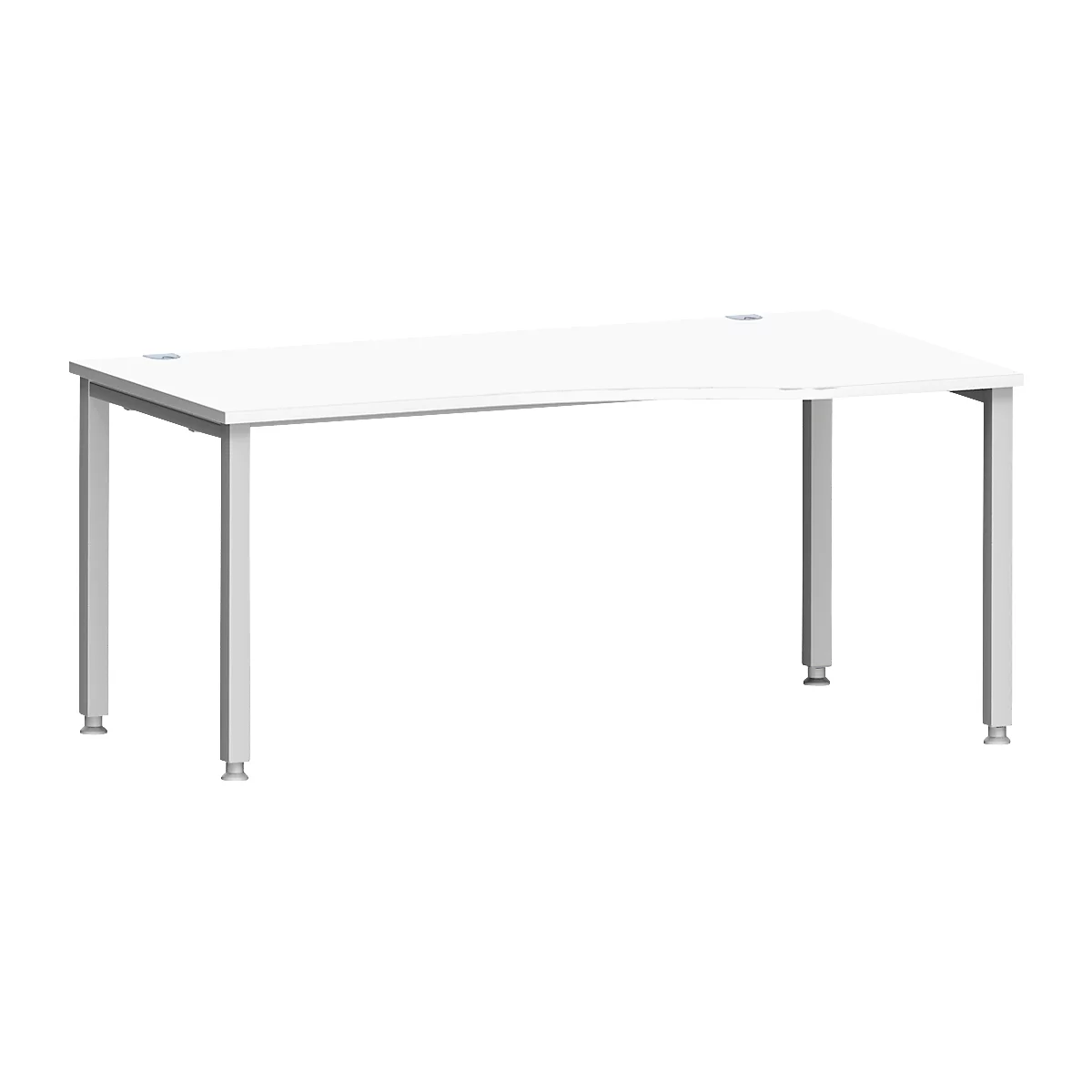 Escritorio MODENA FLEX, forma libre, fijación derecha, tubo cuadrado de 4 patas, ancho 1800 x fondo 1000/800 x alto 720-820 mm, aluminio blanco/blanco