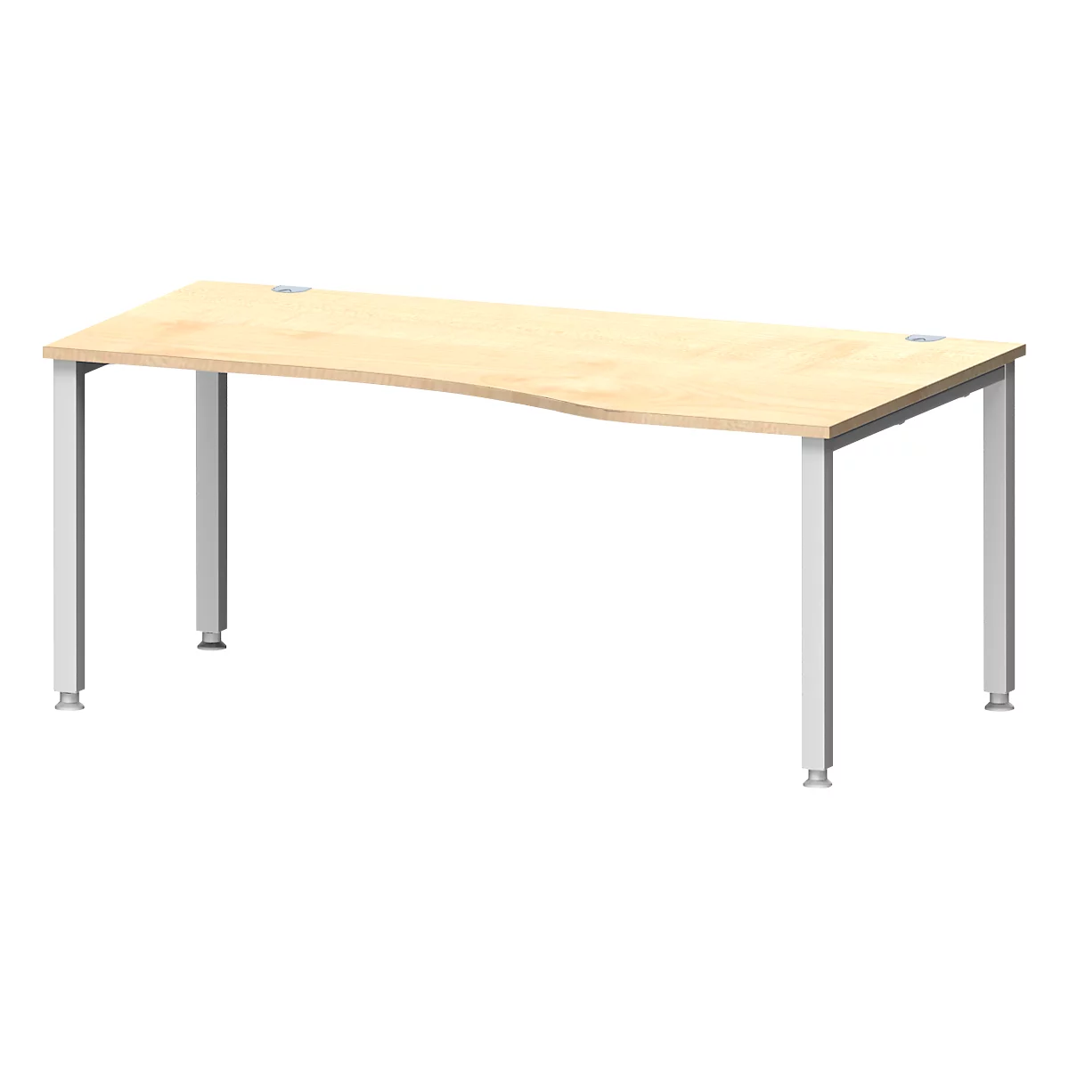 Escritorio MODENA FLEX, forma libre, fijación derecha, tubo cuadrado de 4 patas, ancho 1800 x fondo 1000/800 x alto 720-820 mm, arce/aluminio blanco