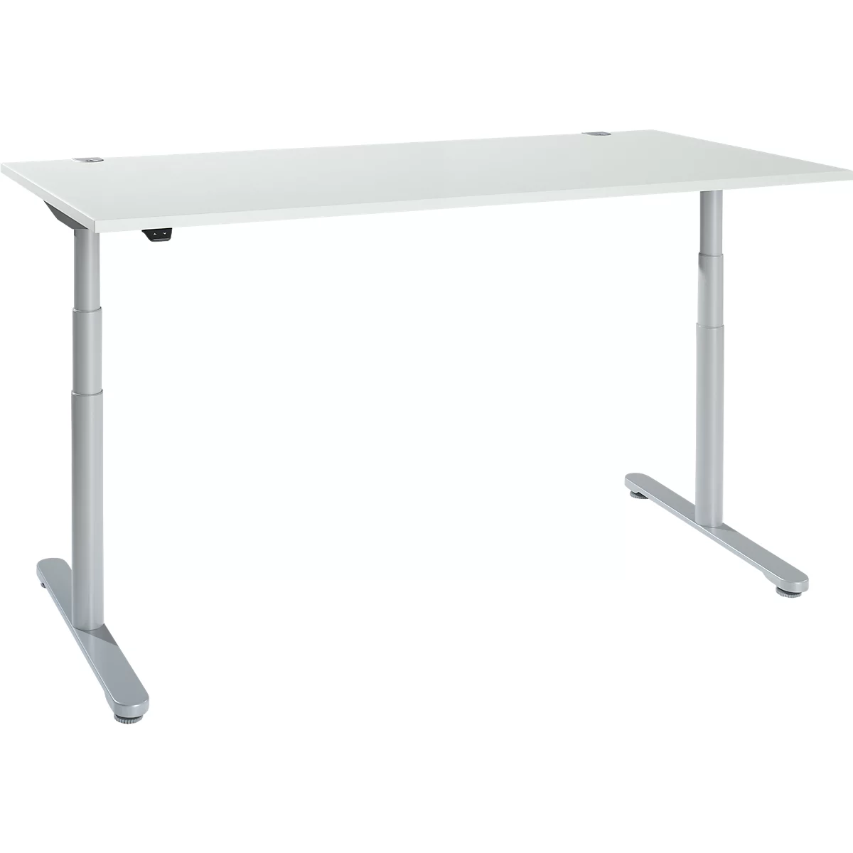 Escritorio, regulable en altura eléctricamente en dos fases, tubo redondo con patas en T, ancho 1800 x fondo 800 x alto 634-1294 mm, aluminio gris claro/blanco