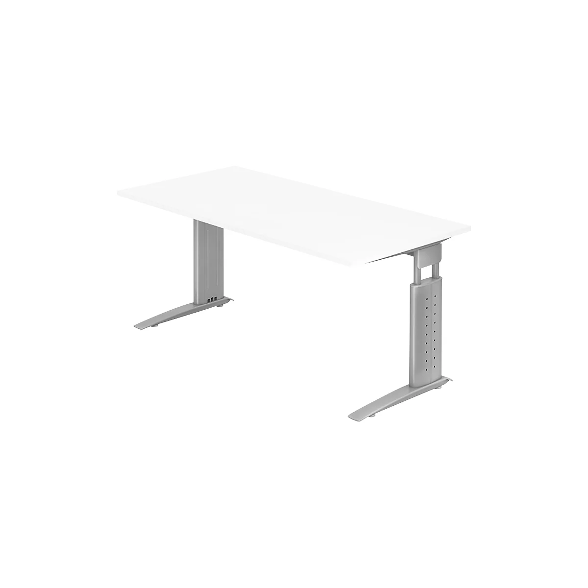 Escritorio TARVIS, pata en C, rectangular, An 1600 mm, armazón plata, ajustable en altura, blanco