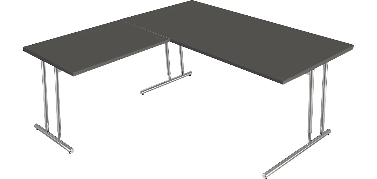 Escritorio Toledo, con mesa adicional, ajustable en altura, pata en C, An 1600 x P 800 mm, antracita
