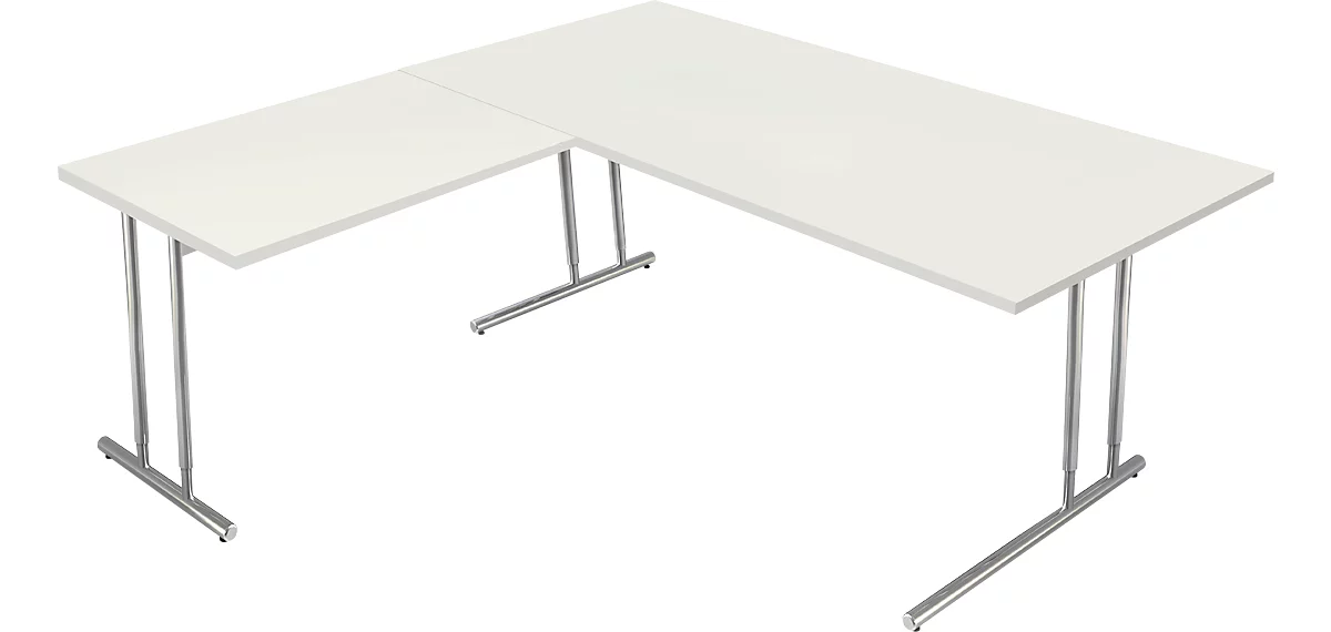 Escritorio Toledo, con mesa adicional, ajustable en altura, pata en C, An 1800 x P 800 mm, blanco