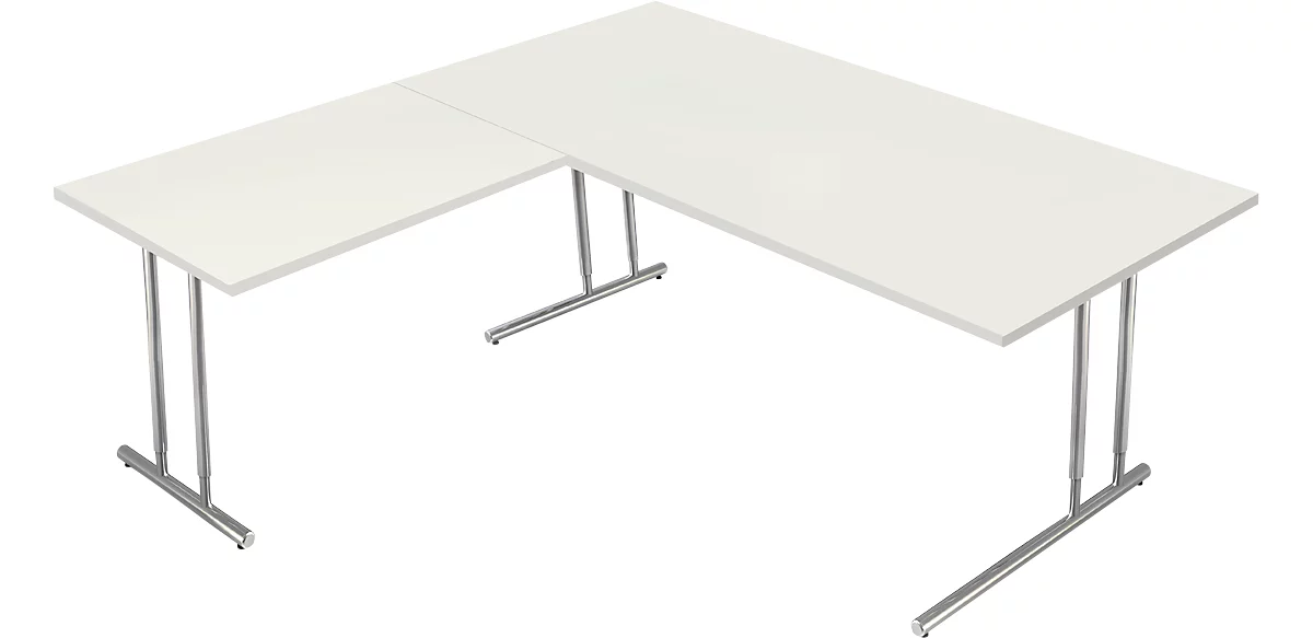 Escritorio Toledo, con mesa adicional, ajustable en altura, pata en C, An 2000 x P 1000 mm, blanco