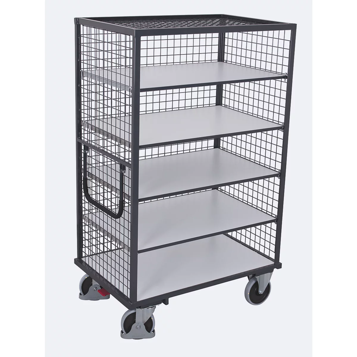 ESD draadgaas legbordwagen, staal/spaanplaat, grafietgrijs/lichtgrijs, 5 etages, 1245 x 785 mm, 3 wanden en dak, EasySTOP, tot 500 kg