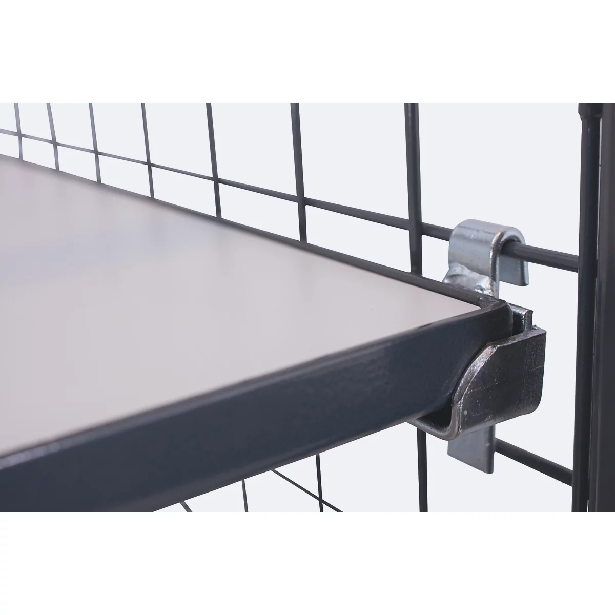 ESD draadgaas legbordwagen, staal/spaanplaat, grafietgrijs/lichtgrijs, 5 etages, 1245 x 785 mm, 3 wanden en dak, EasySTOP, tot 500 kg