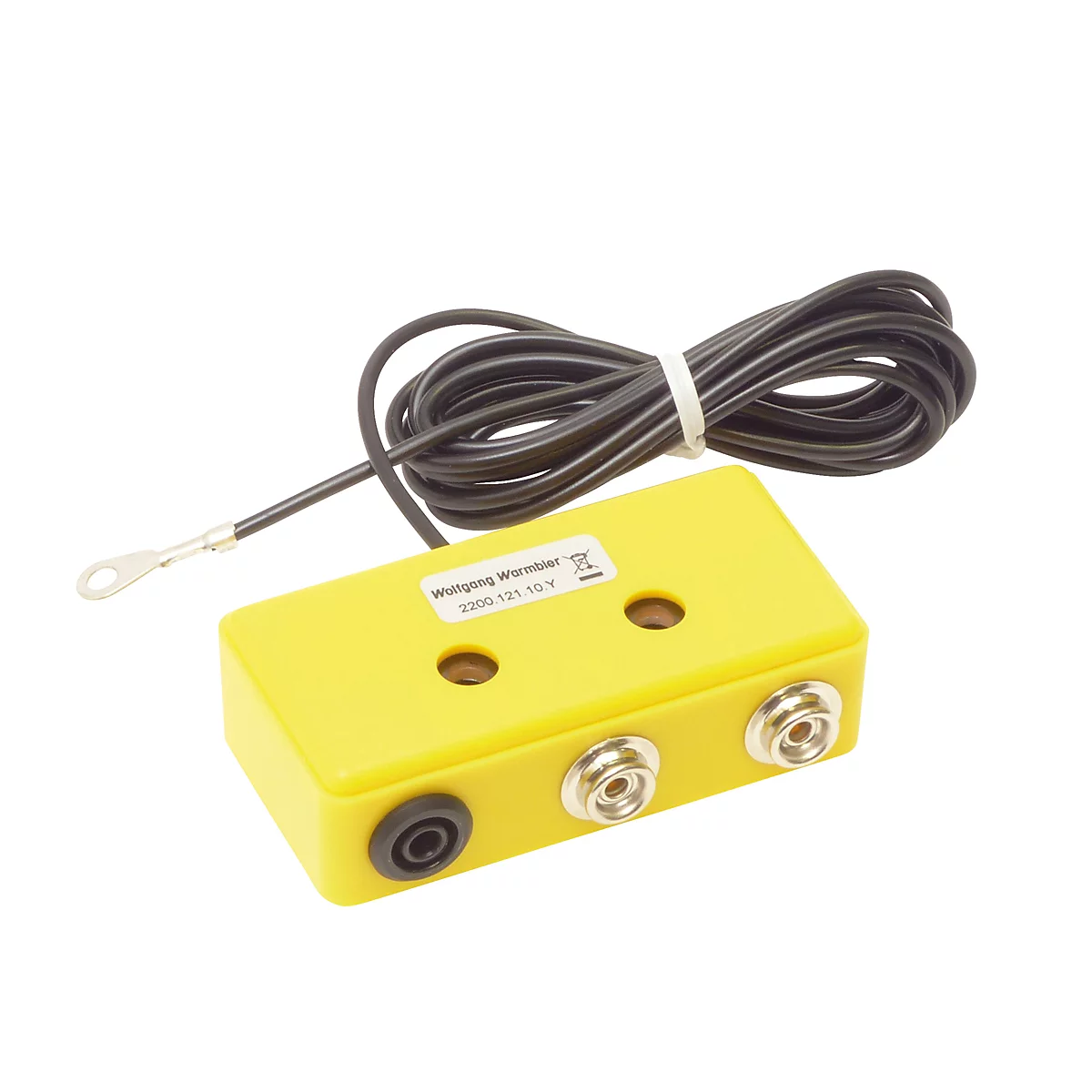 Gelber elektronischer Kasten mit Kabeln und Anschlüssen. Aufschrift: Wolfgang Wirthwein 2300 12V.