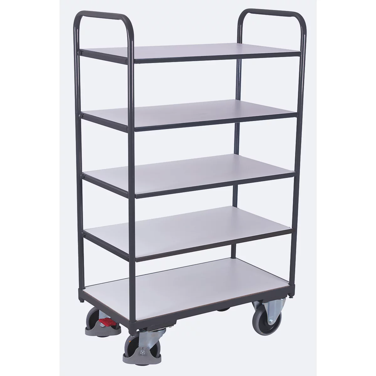 ESD-Etagenwagen, Stahl/Spanplatte, Graphitgrau/ Lichtgrau, 5 Etagen, 1200 x 800 mm, EasySTOP, bis 250 kg