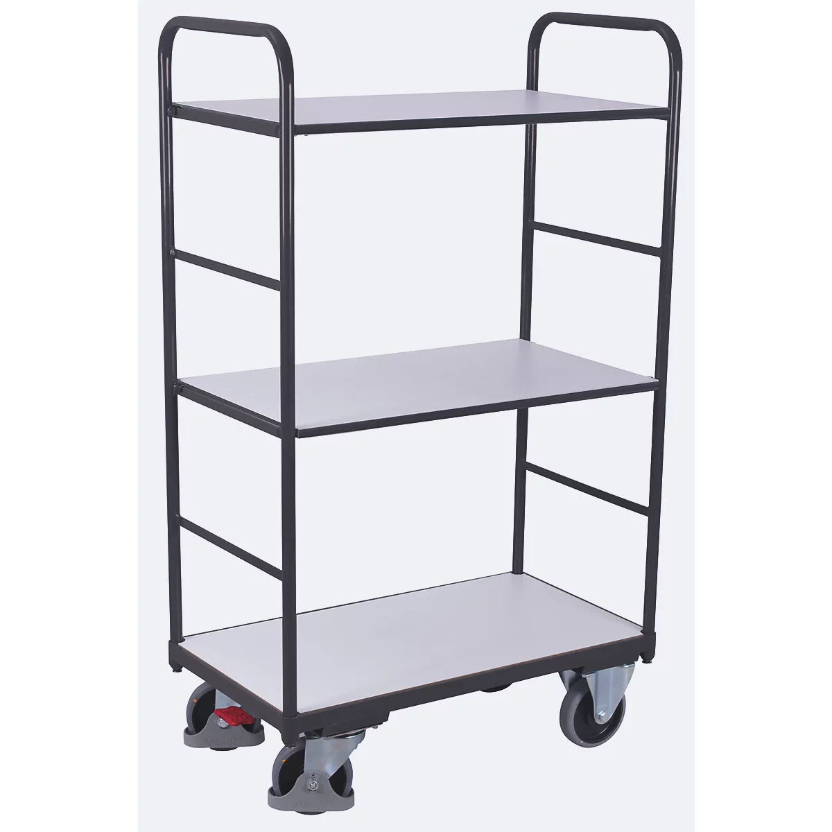 ESD-Etagewagen, staal/spaanplaat, grafietgrijs/lichtgrijs, 3 etages, 1200 x 800 mm, EasySTOP, tot 250 kg