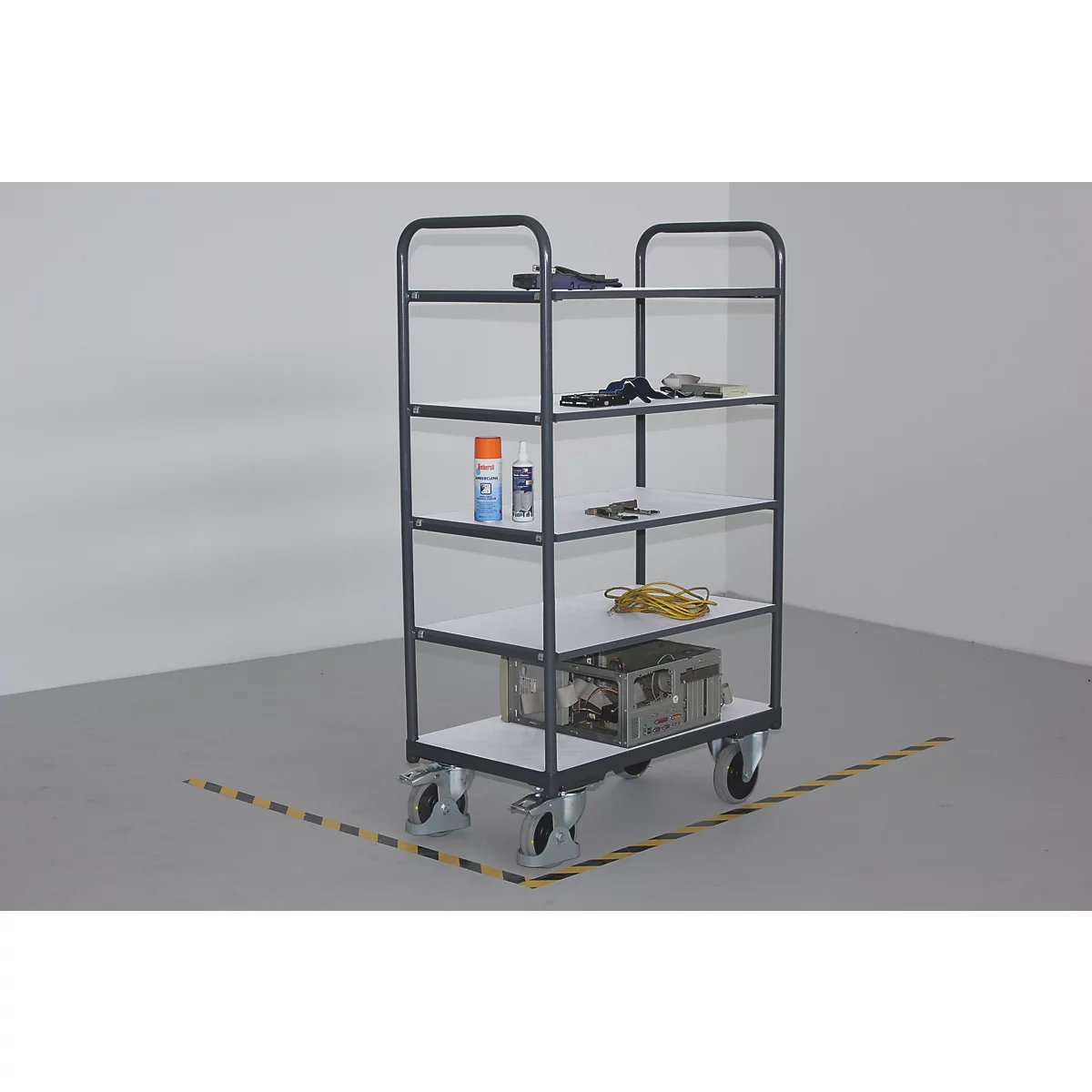 ESD Etagewagen, staal/spaanplaat, grafietgrijs/lichtgrijs, 5 etages, 1200 x 800 mm, EasySTOP, tot 250 kg