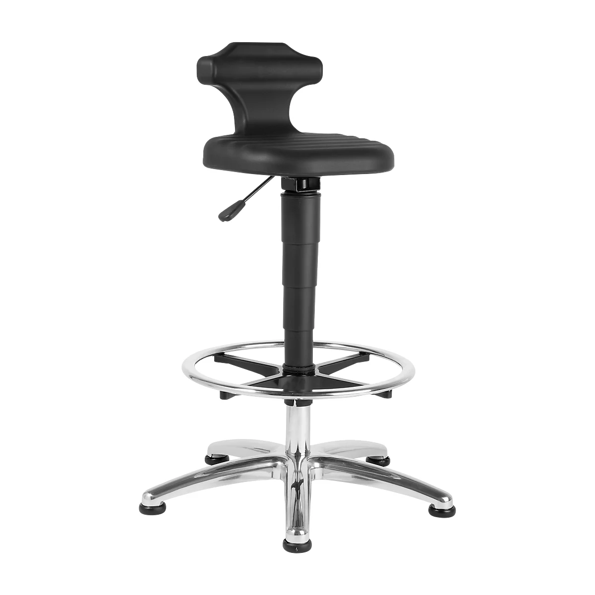 Black, height-adjustable work chair with backrest, footrest, and silver frame.