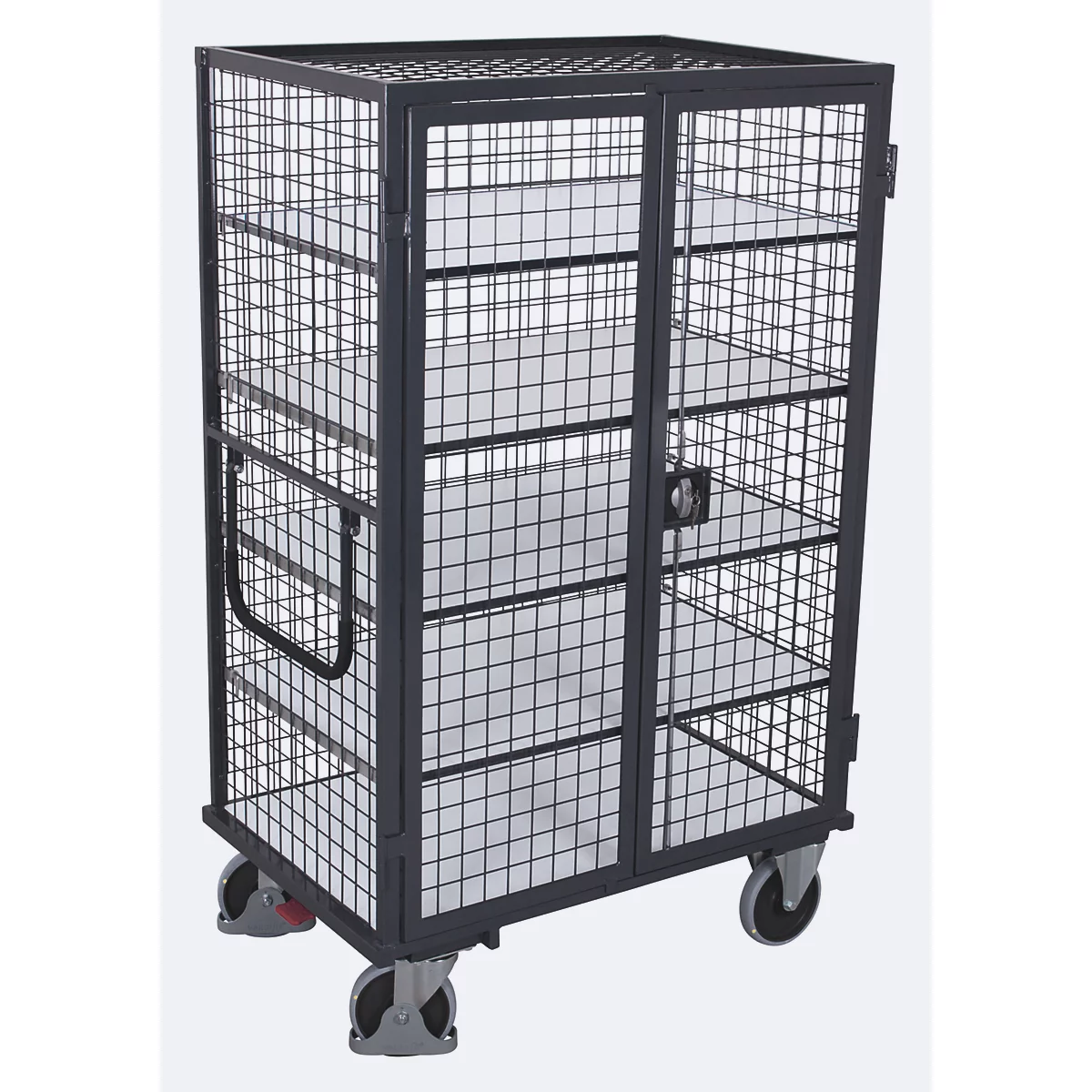 ESD-kastwagen, staal/spaanplaat, grafietgrijs/lichtgrijs, 5 etages, 1245 x 785 mm, dak en dubbele vleugeldeur, afsluitbaar, EasySTOP, tot 500 kg