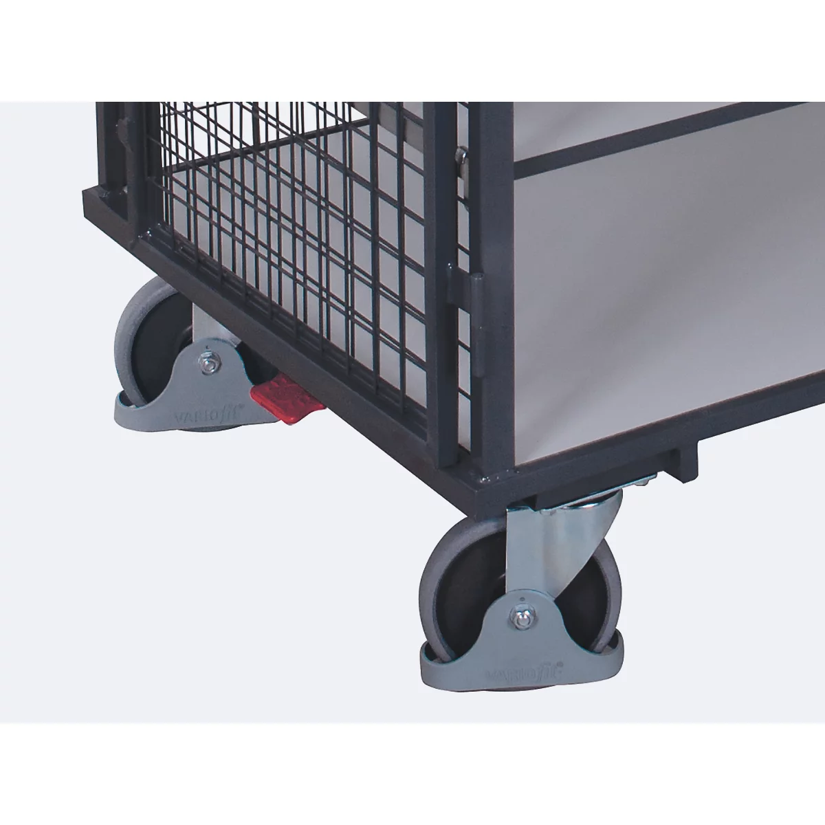 ESD-kastwagen, staal/spaanplaat, grafietgrijs/lichtgrijs, 5 etages, 1245 x 785 mm, dak en dubbele vleugeldeur, afsluitbaar, EasySTOP, tot 500 kg