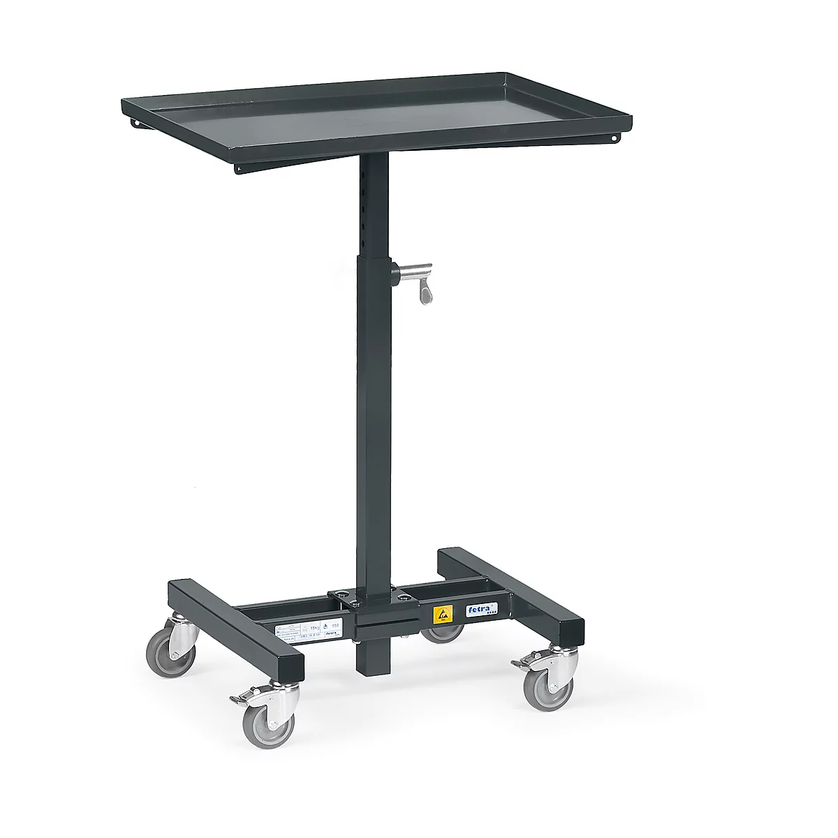 Dark grey, height-adjustable serving cart with shelf and castors.