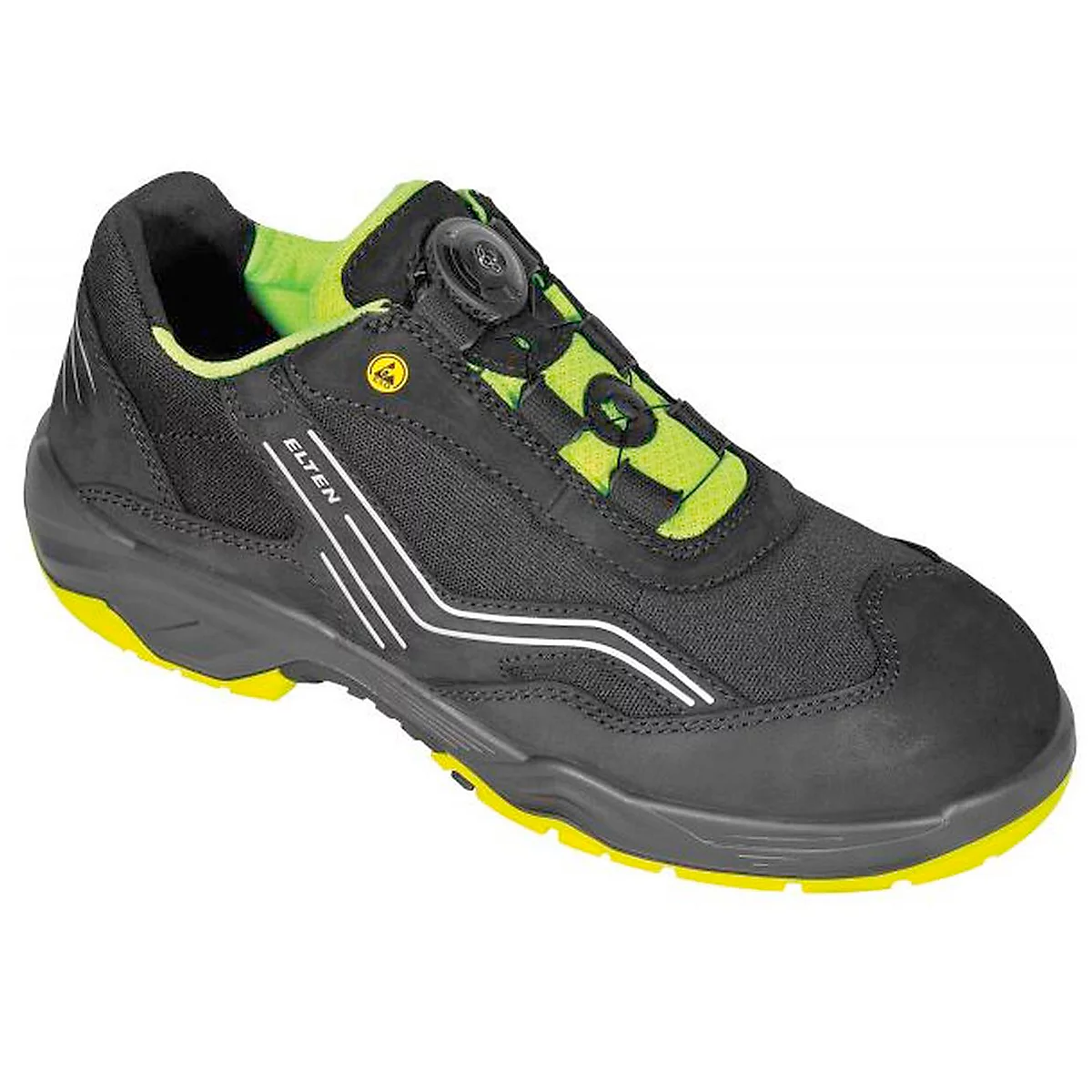 Black safety shoe with yellow accents and a twist closure. The shoe has the "ELTEN" logo and white lines.
