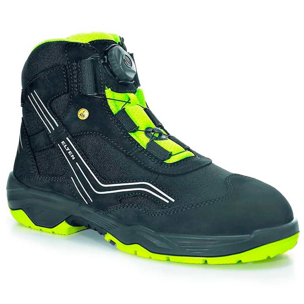 Black safety shoe with neon green accents, rotary closure, and ELTEN lettering.