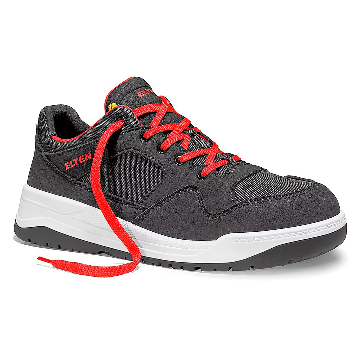 Black safety shoe with red laces, white sole, and "ELTEN" logo.