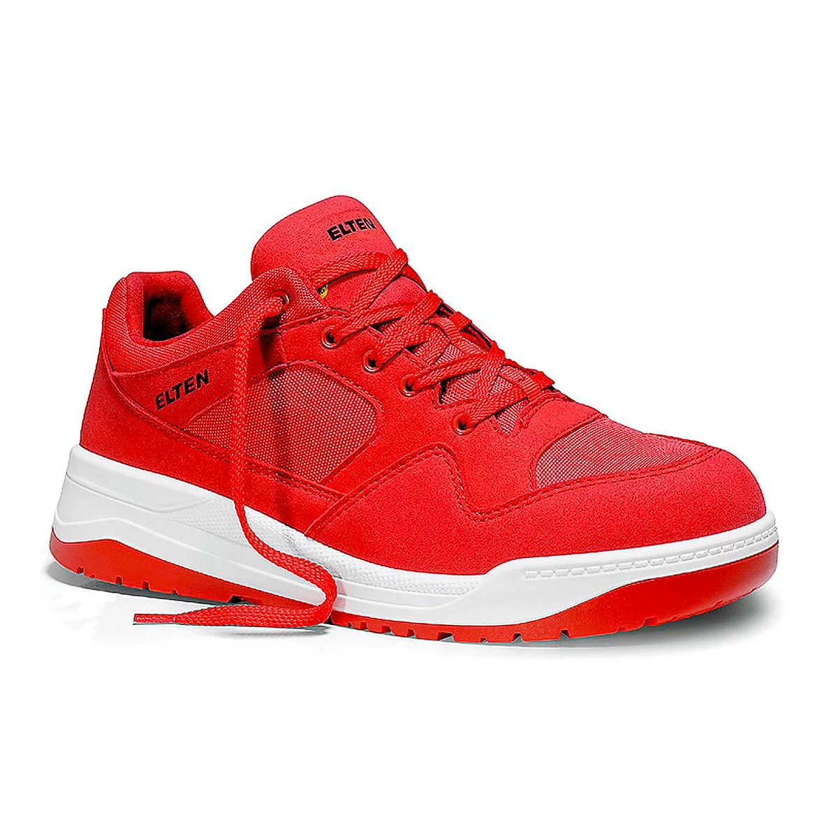Red sports shoe with white sole. Laces and brand label ELTEN.