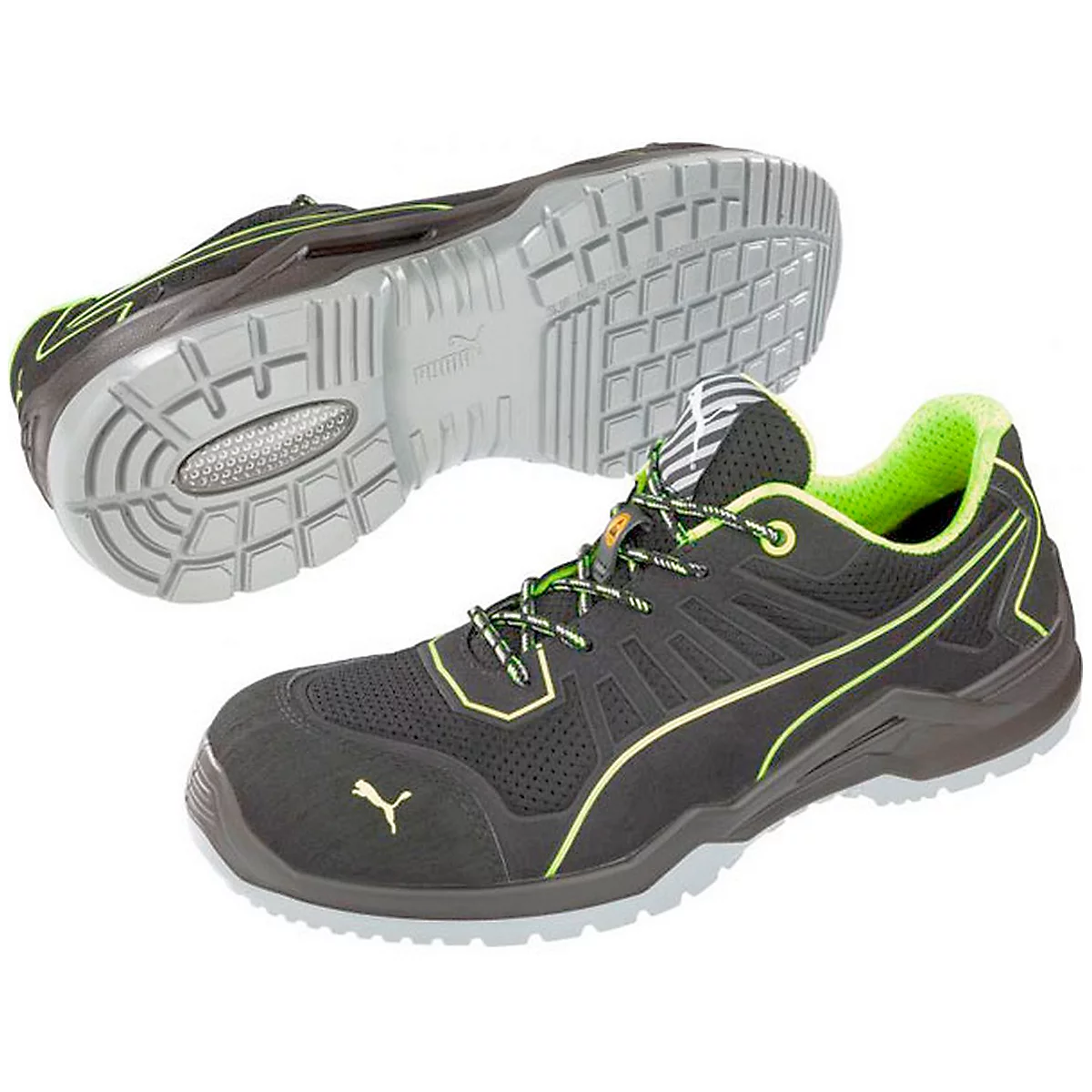 Black safety shoes with yellow accents from Puma; the sole and inside are light gray.