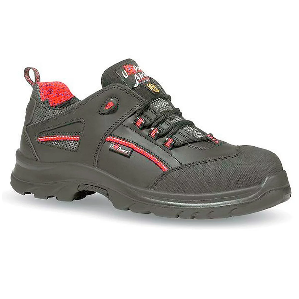 Black safety shoe with red accents. Laces, "U Power" logo and text details. Detail view.