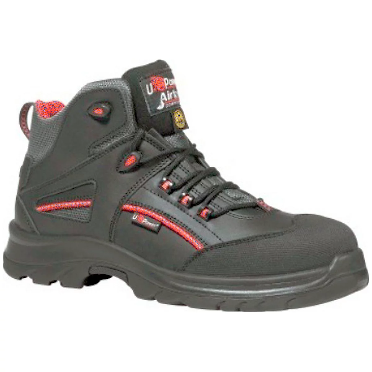 Black safety shoe with red accents. Laces and logo visible.