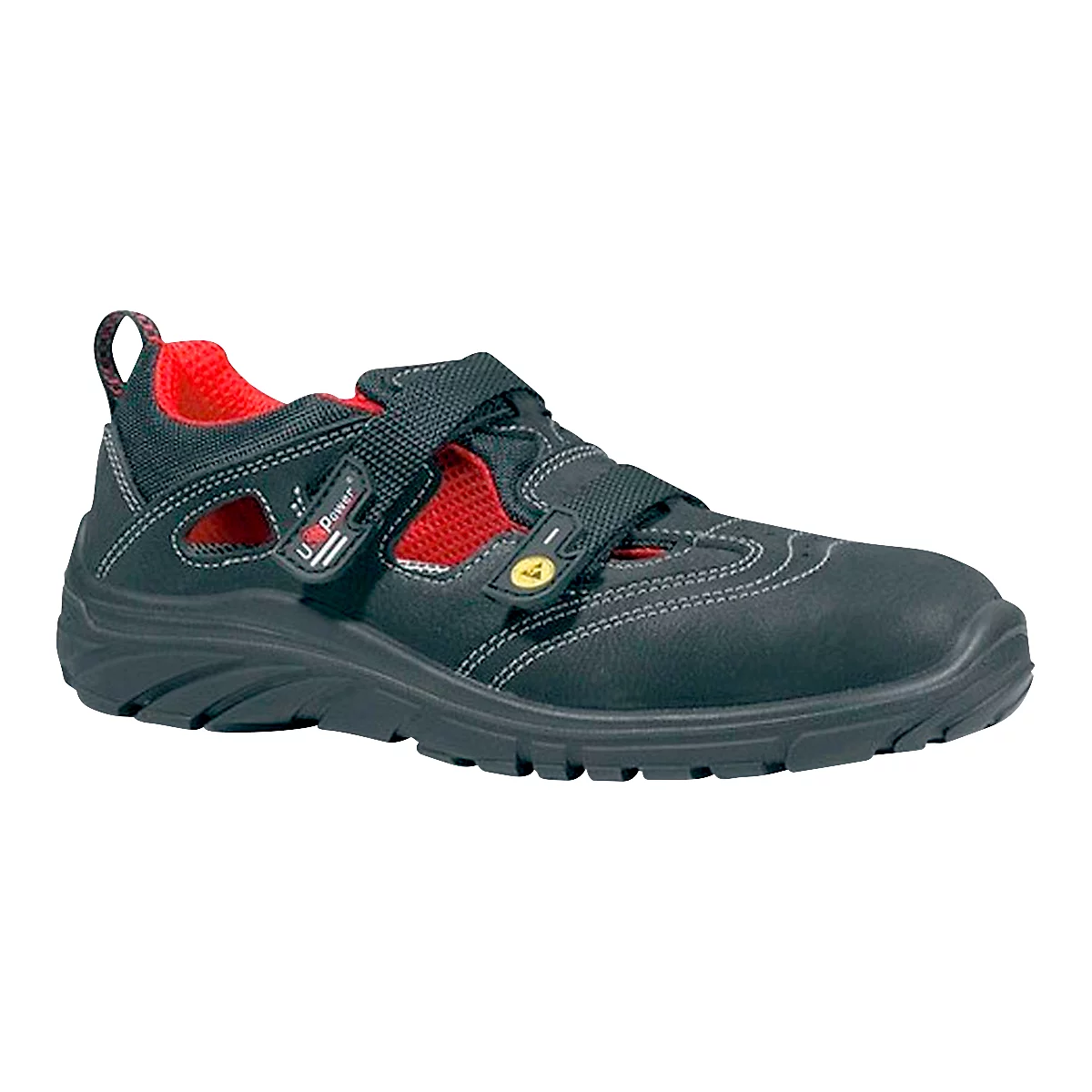 Black safety shoe with red lining and velcro straps. The shoe features the inscription "U Power".