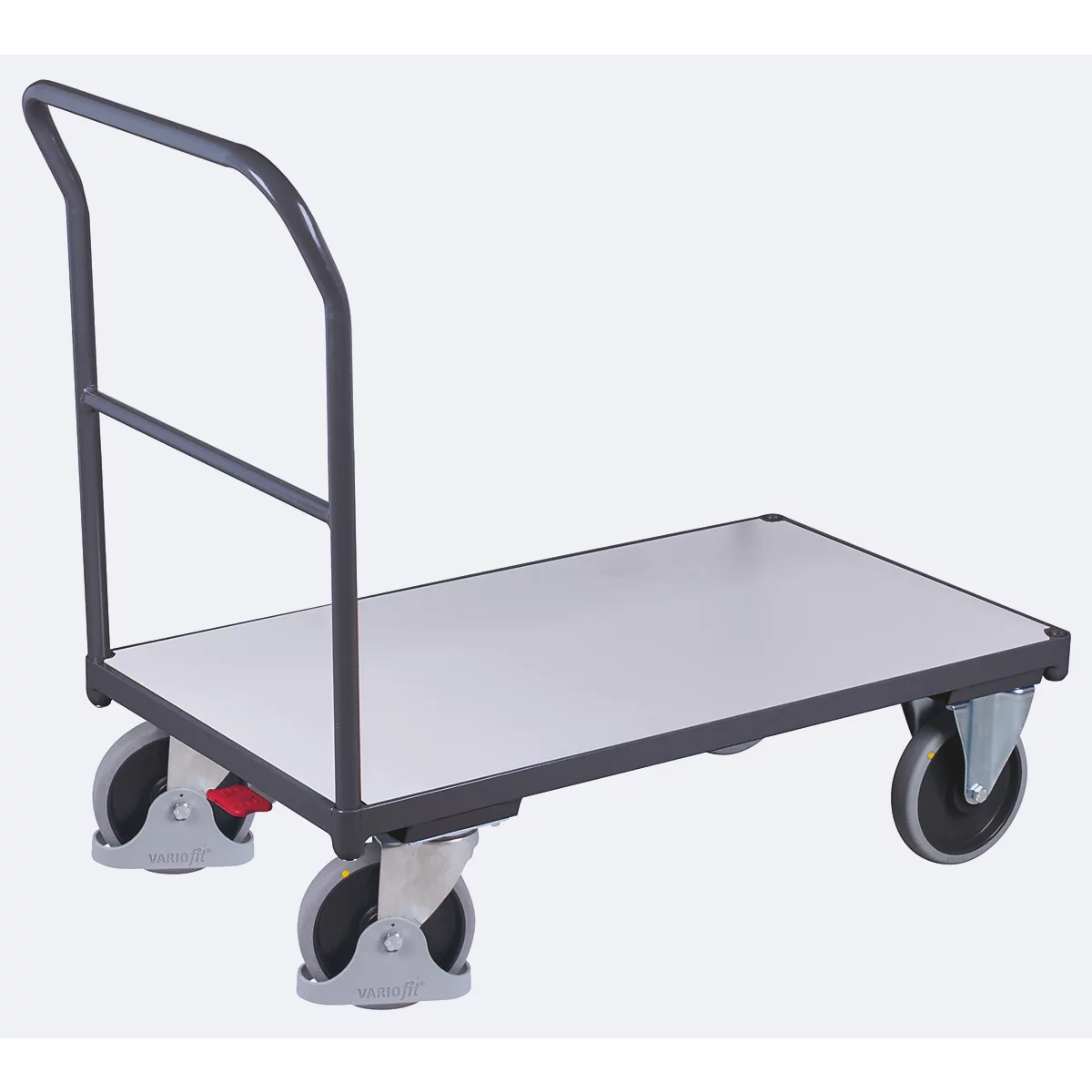 ESD Schiebebügelwagen, Stahl/Spanplatte, Graphitgrau/Lichtgrau, L 1230 x B 800 mm, mit Querstrebe, TPE-Rollen mit EasySTOP, bis 500 kg