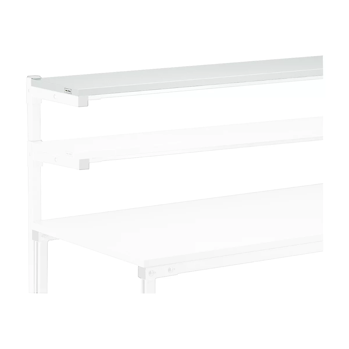 White shelf with three levels against a white background. Top shelf shows a small logo.