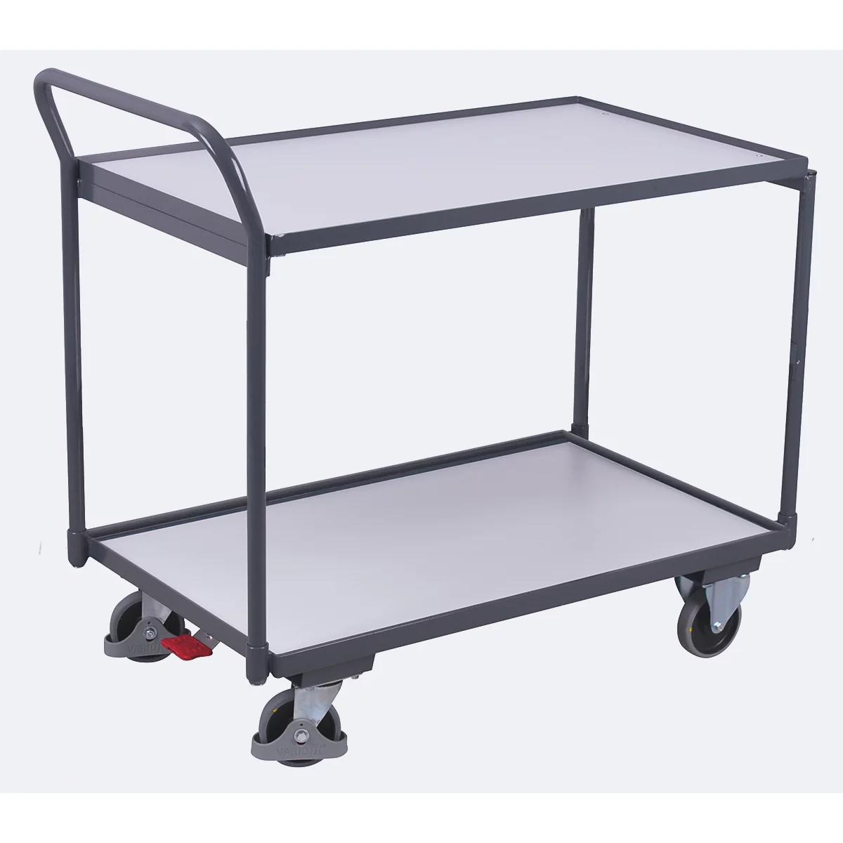 Two-tiered grey serving cart with white surfaces and wheels, isolated on a white background.