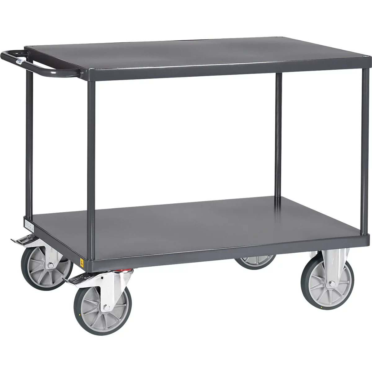 ESD-Tischwagen Fetra 9400B, bis 500 kg, 2 Etagen mit Plattformen, Ladefläche L 850 x B 500 mm, TPE-Bereifung, Schiebegriff, Stahl, schiefergrau