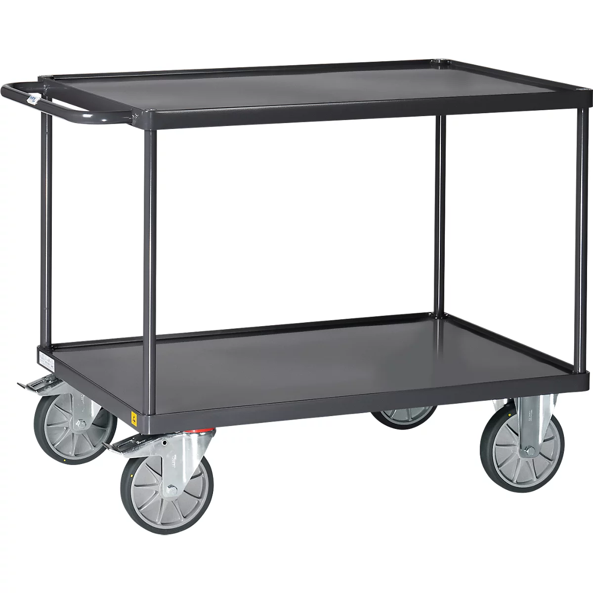 ESD-Tischwagen Fetra 9400W, bis 500 kg, 2 Etagen mit Wannen, Ladefläche L 850 x B 500 mm, TPE-Bereifung, Schiebegriff, Stahl, schiefergrau
