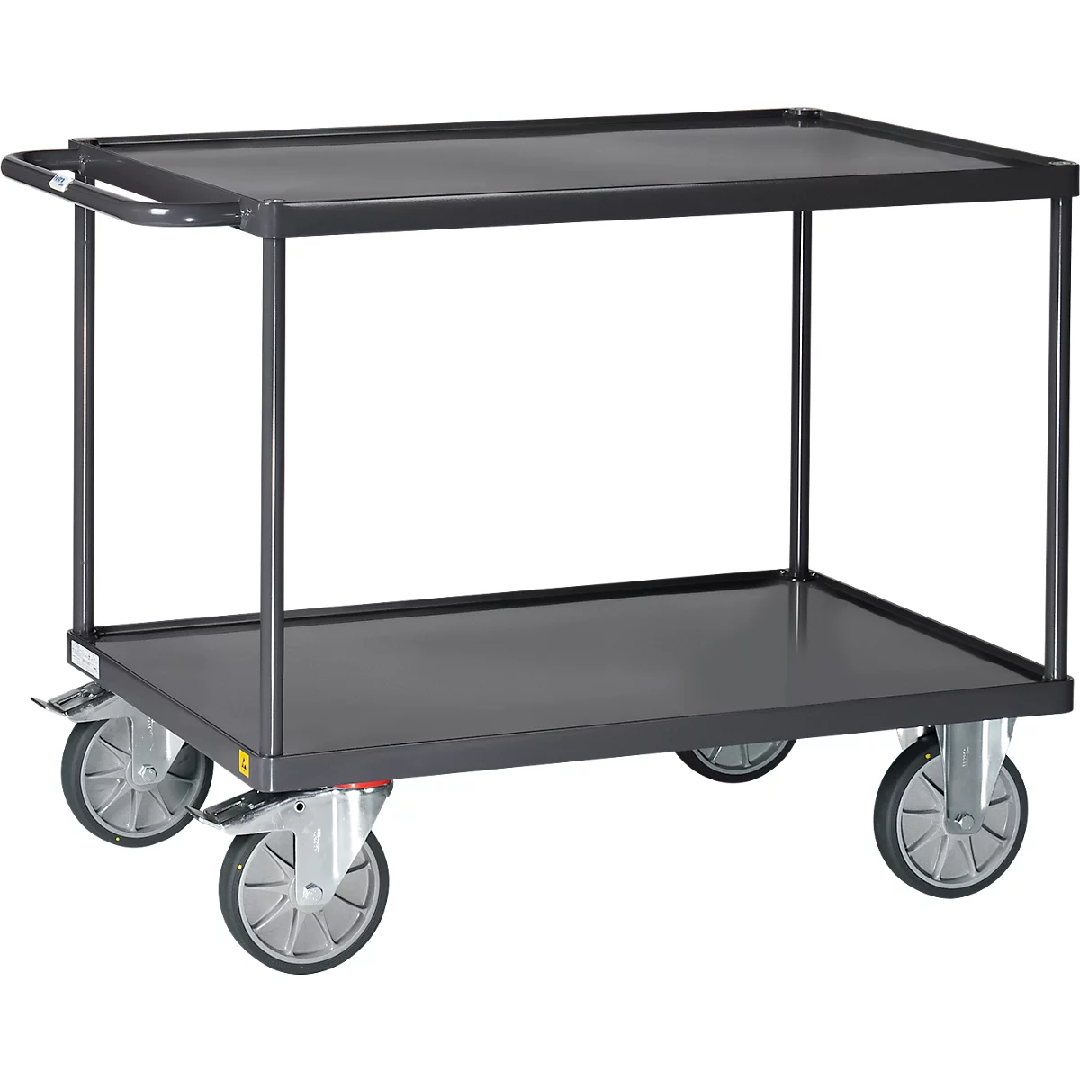ESD-Tischwagen Fetra 9401W, bis 600 kg, 2 Etagen mit Wannen, Ladefläche L 1000 x B 600 mm, TPE-Bereifung, Schiebegriff, Stahl, schiefergrau