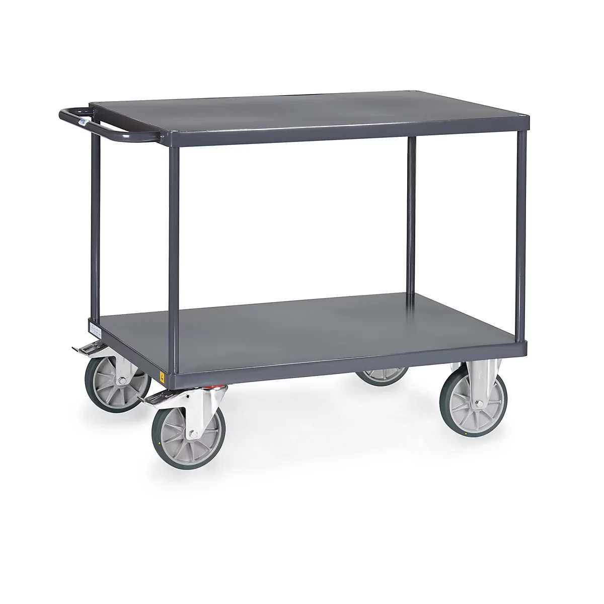 ESD-Tischwagen Fetra 9403B, bis 600 kg, 2 Etagen mit Plattformen, Ladefläche L 1200 x B 800 mm, TPE-Bereifung, Schiebegriff, Stahl, schiefergrau