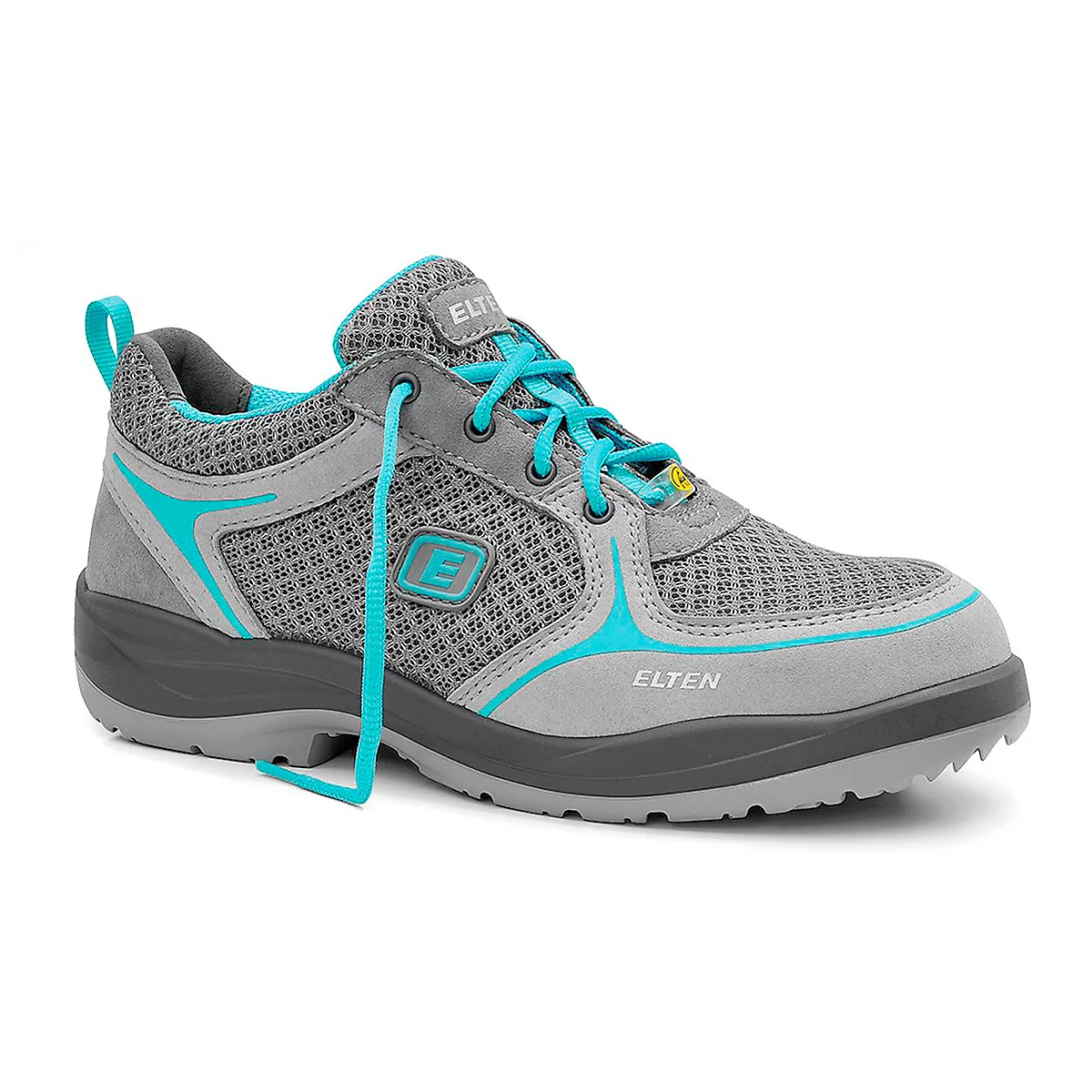 Grey and turquoise safety shoe by Elten. Turquoise laces, gray upper, dark gray sole.