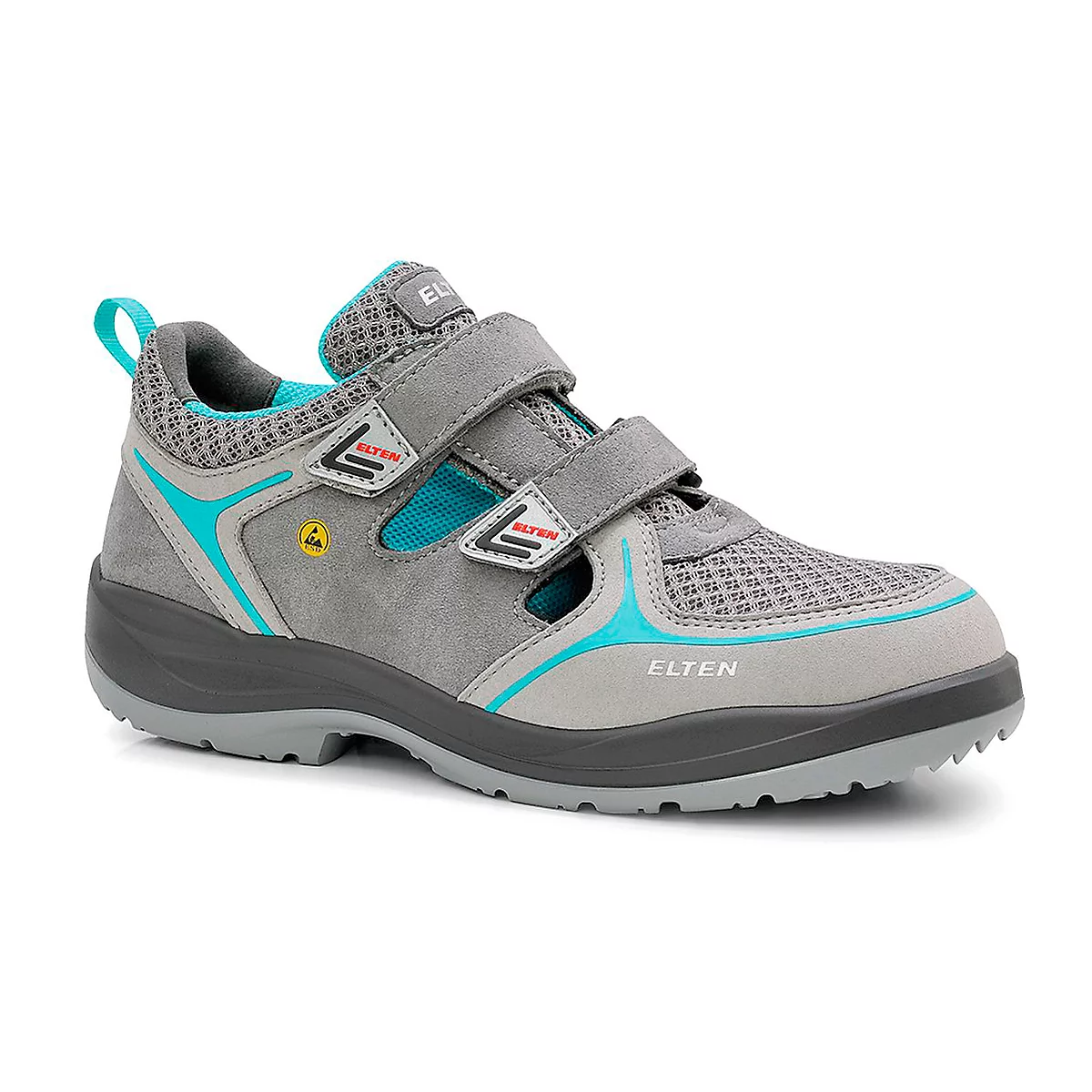 Grey work shoe with Velcro fasteners and turquoise accents. Brand ELTEN. Detailed view.