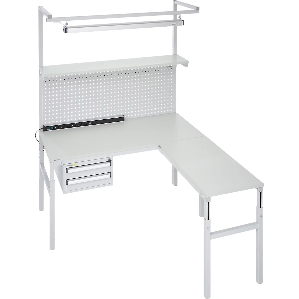 A white corner workstation with a perforated wall, drawers, and lighting, perfect for a workspace.