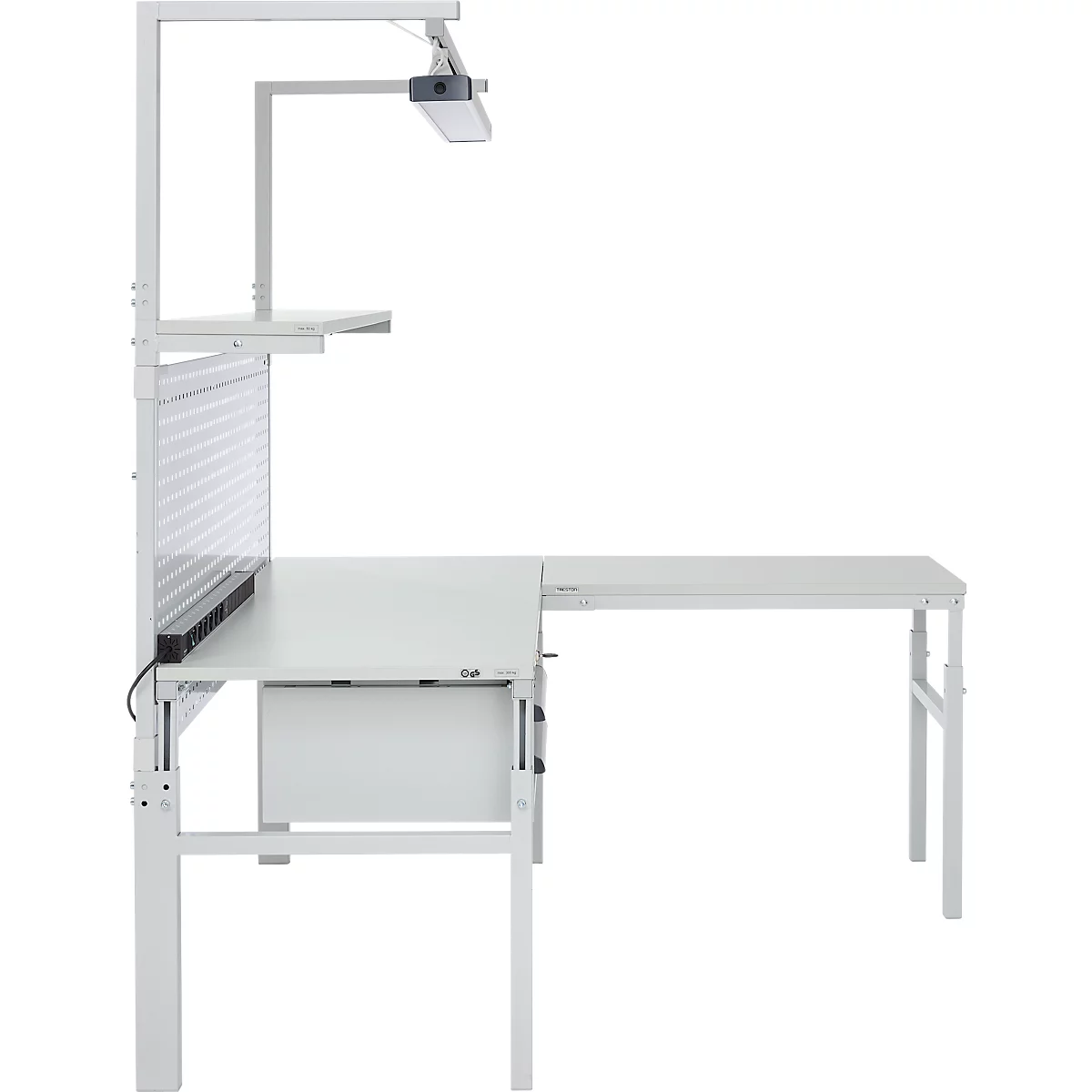 A white height-adjustable work table with integrated lighting and shelves. Against a light background.