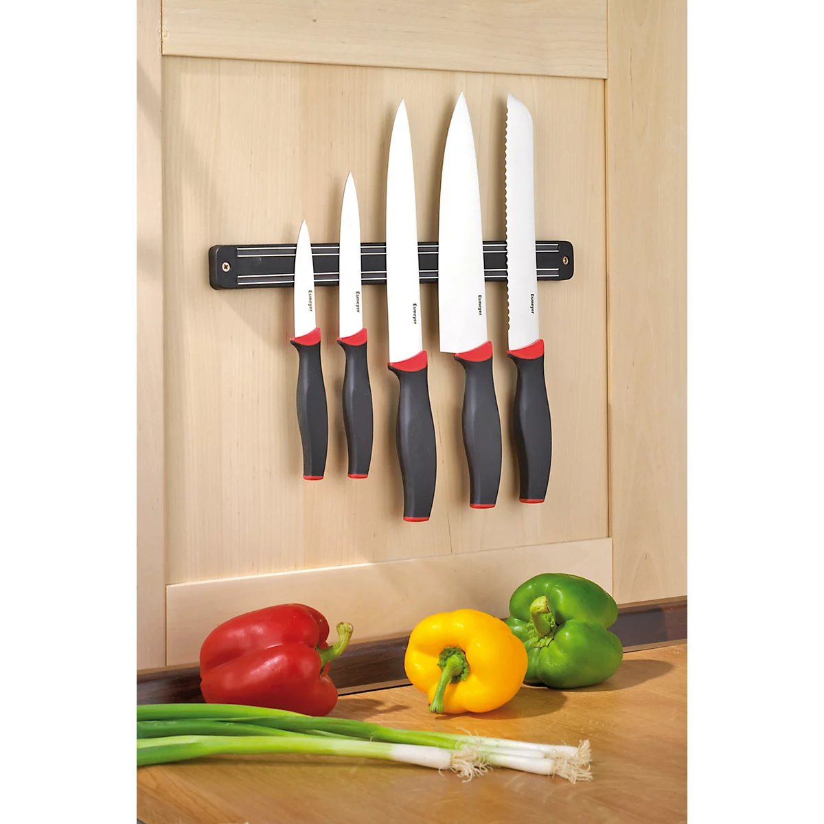 ESMEYER Aurea 5-teiliges Messerset: Chef/Brot/Fleisch 30 cm, Universal 19 cm, Gemüse 15 cm – Spezialstahl, Hängeleiste