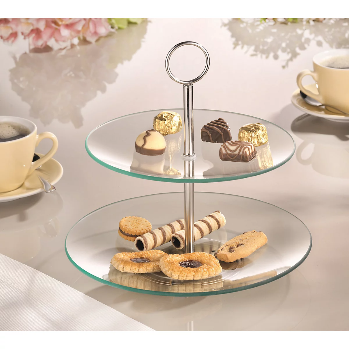 ESMEYER Cookie plateau en verre à 2 étages, Ø 25/21 cm, H 27 cm, transparent, dans un carton cadeau, lavable au lave-vaisselle