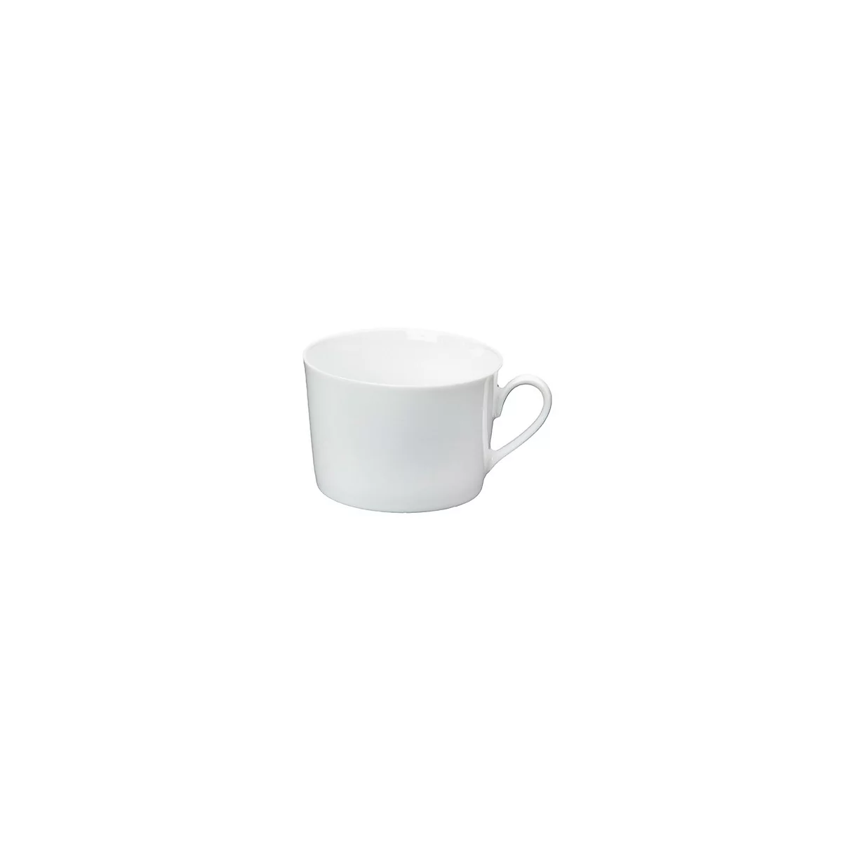 Weißer, zylindrischer Becher mit Henkel vor weißem Hintergrund.