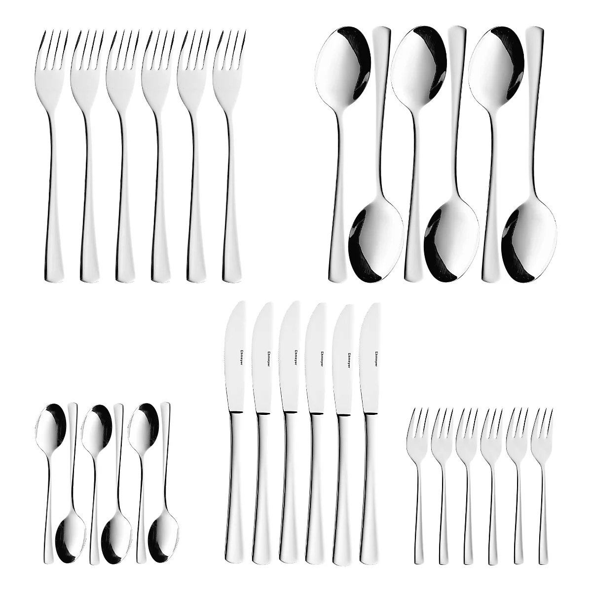 ESMEYER Stockholm 30 pcs. service de couverts 6 pers : 6 couteaux, 6 fourchettes, 6 cuillères, 6 cuillères à café, 6 fourchettes à gâteau - acier inoxydable 18/10 poli