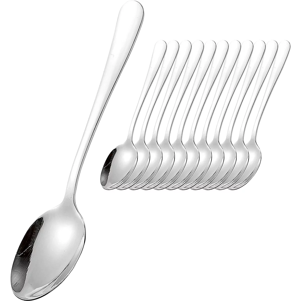 Verschillende lepels van gepolijst metaal met gebogen handvatten. Eén ligt los, de rest is opgestapeld.